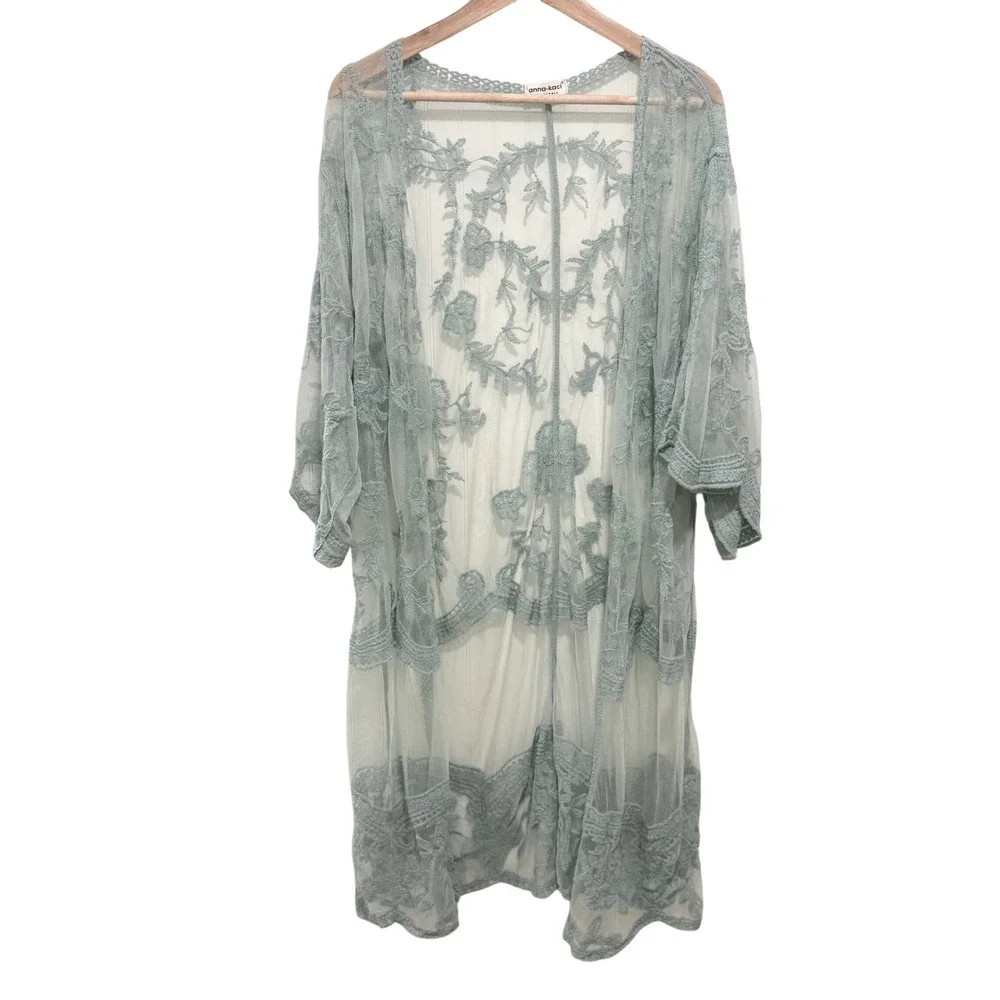 Anna-Kaci Sage Green Embroidered Lace Kimono Duster One Size Sheer Floral